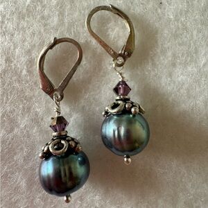 Large Gray Pearl and 925 Sterling Silver Dangle Drop Handmade Earrings